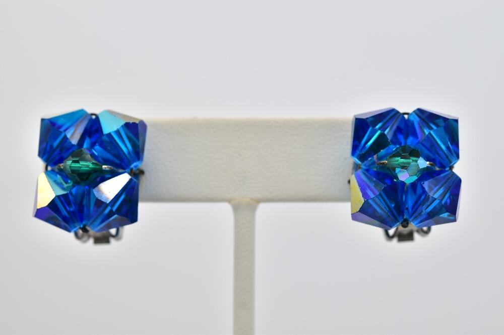 Vintage Blue Crystal Blue AB Square Cluster Clip On Earrings Faceted 1960s BinAZ
